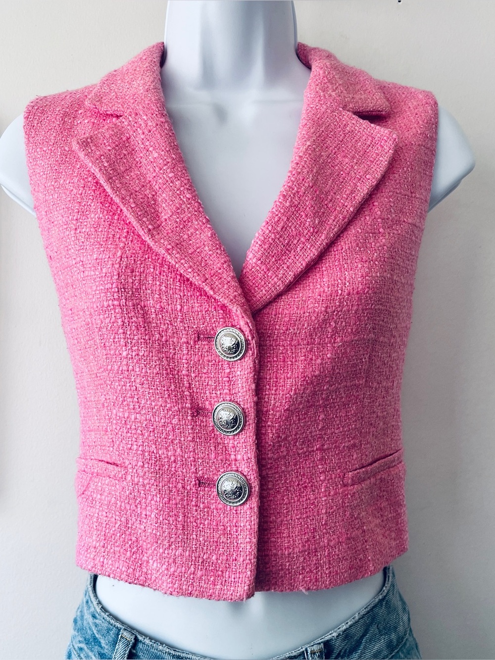 Zara Pink Tweed Sleeveless Cropped Vest Size S - Picture 2 of 8